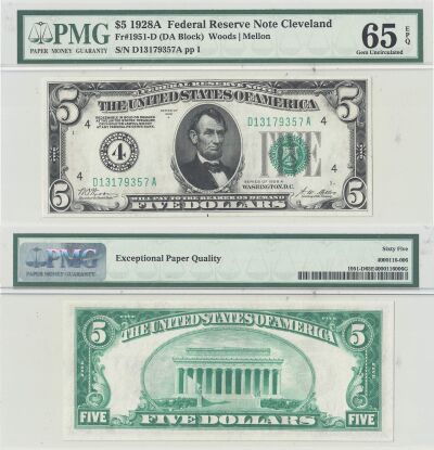 1928-A. $5. F-1951-D. PMG. Gem-65. EPQ. Federal Re